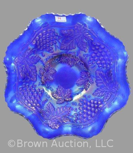 Fenton Carnival Glass Grape and Cable 11"d bowl, sapphire