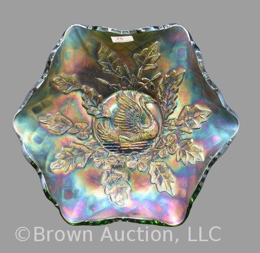Carnival Glass Nesting Swan/ Diamond and Fan 10"d bowl, green