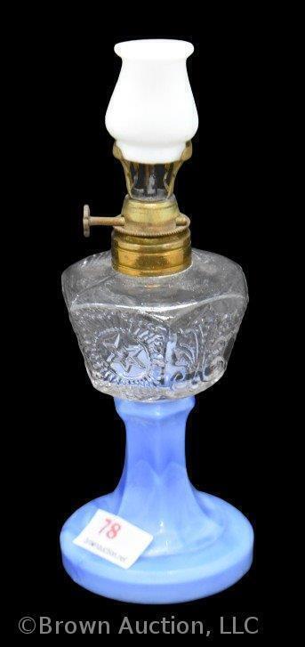 Miniature oil lamp, blue slag-like base with clear 6-sided font