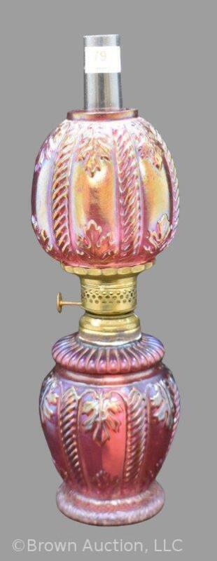 Iridescent red glass 9" miniature oil lamp with embossed pattern