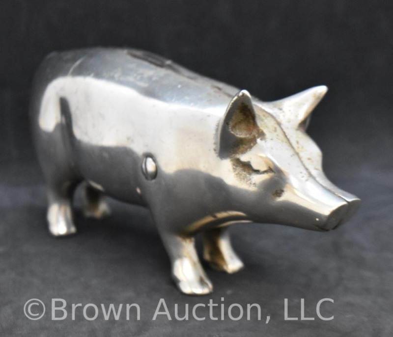 Nickeled sleek pig bank, 3.5"h x 7.25"l