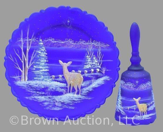 Fenton Art Glass LE 1994 hp Christmas plate (Silent Night) and bell