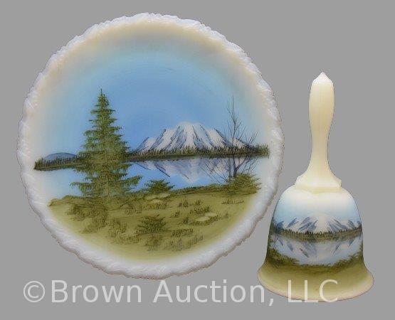 Fenton Art Glass Mountain Reflections plate and bell, custard satin