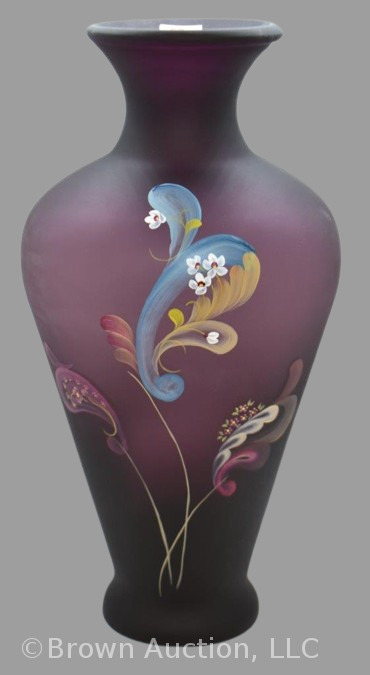 Fenton Art Glass satin-finished aubergine glass "Paisley Mystery" 13" vase