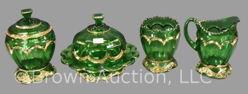 EAPG Empress 4 pc. table set, emerald green with gold