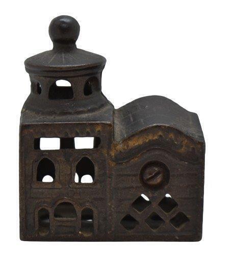 Cast Iron 2-story Japanned mosque bank, 3"h