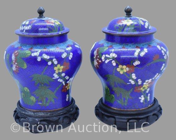 Pair of Chinese enamel Cloisonne cobalt lidded vases with floral decorations