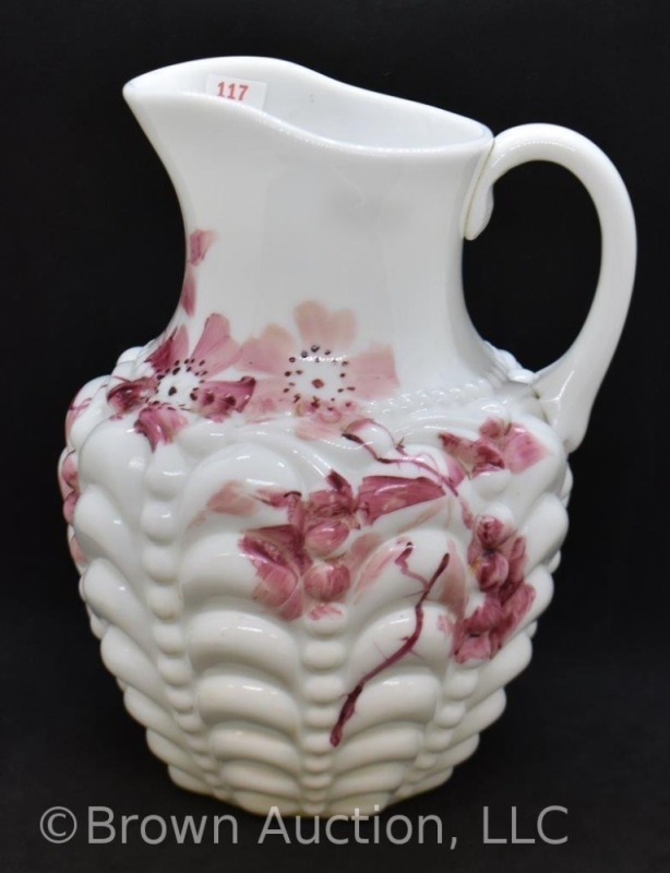 Consolidated Glass Guttate milk glass 9.5" pitcher w/ pink flowers