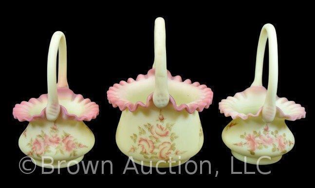 (3) Fenton Burmese Art Glass baskets, all decorated with pink roses