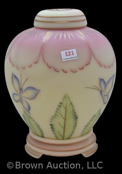 Fenton Burmese Art Glass 3 pc. ginger jar with butterflies