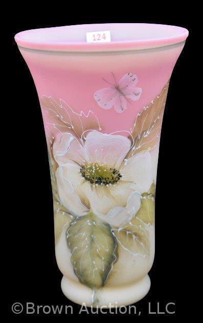 Fenton Burmese Art Glass 8" vase, large flower and butterfly