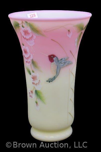 Fenton Burmese Art Glass 8" vase, hummingbird and floral design