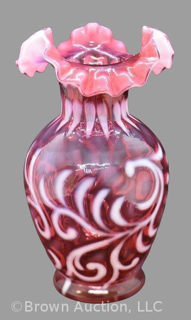 Cranberry opalescent Buttons and Braids 8.5" vase