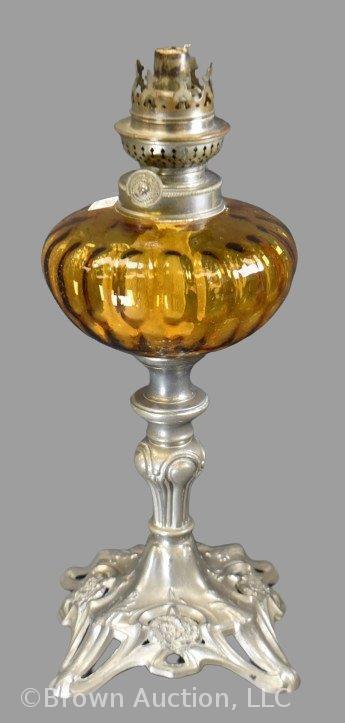 Art Nouveau French table oil lamp, amber glass font, base marked Depose 35, 10" tall