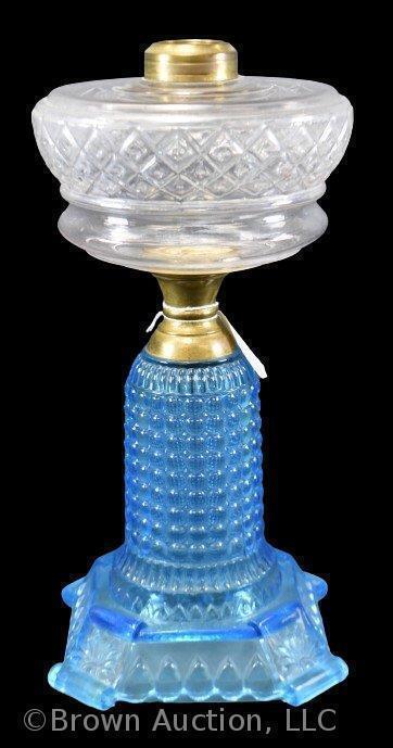 Kerosene lamp with blue Thousand Eye base and clear Beaded Lattice font, 12" tall