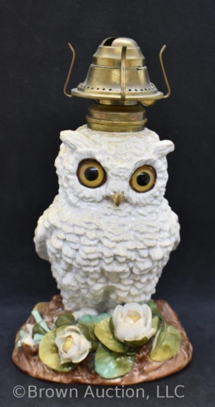 Porcelain figural Owl 6"h miniature oil lamp base, British made