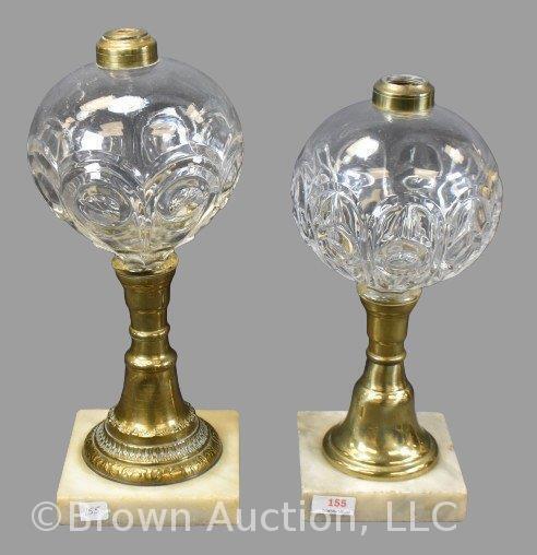 (2) Kerosene lamps on marble base, both are a clear Bullseye pattern font