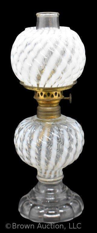 White opalescent ribbed and swirl 8"h miniature oil lamp