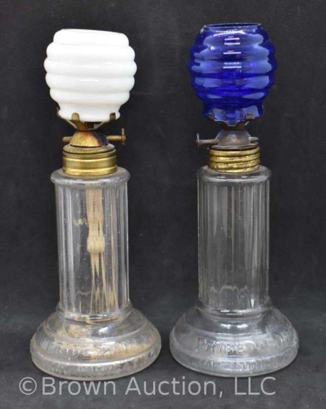 (2) 1800's Pride of America 6.5" miniature oil lamps, "Grand Val's Perfect Time Indicating Lamp"