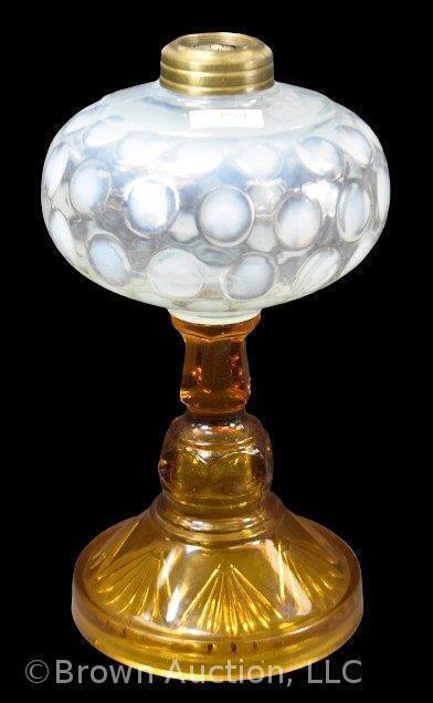 Opalescent Coin Dot with amber base kerosene lamp, 9" tall