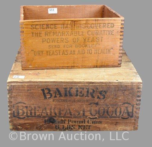 (2) Primitive wood food boxes: Yeast Foam; Baker's Breakfast Cocoa