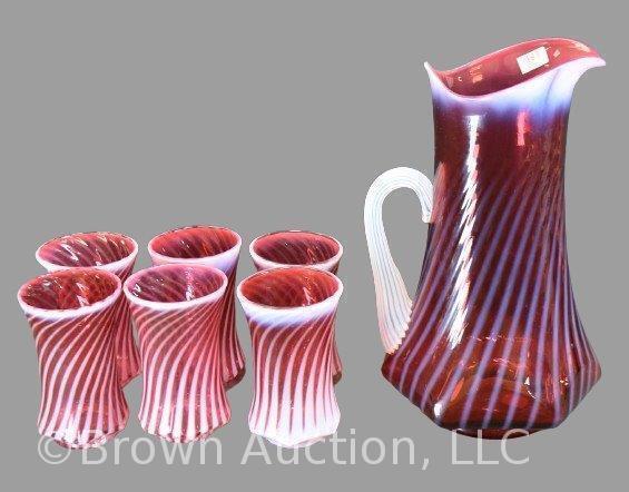 Fenton cranberry opalescent Spiral Optic 7 pc. water set