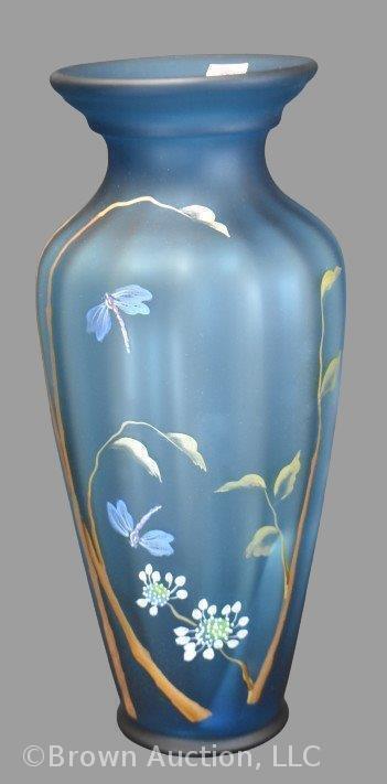 Fenton blue satin finish 14.5" vase decorated with floral and dragonfly design