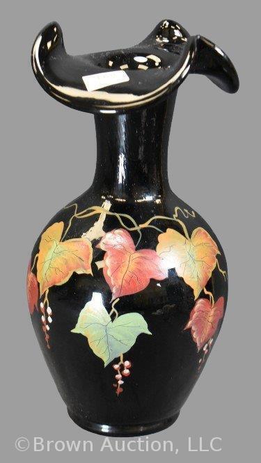 Fenton Art Glass 9.25" ebony vase with autumn foliage colored leaves and grapes