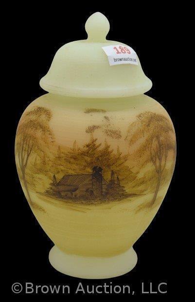 Fenton Burmese Art Glass 6" cov. ginger jar, log cabin scene