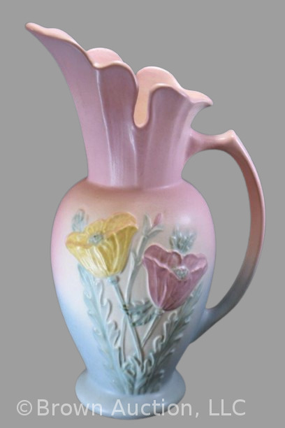 Hull Poppy 610-13.5" pitcher, pink/ blue