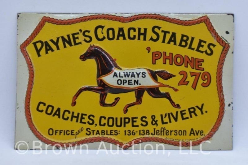 Payne's Coach Stables tin litho embossed advertising sign