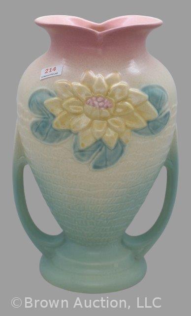 Hull Water Lily L-13-10.5" vase, pink/ green