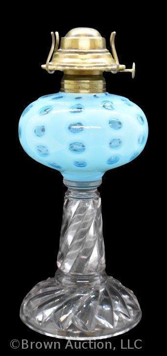 Blue opalescent Polka Dot oil lamp, clear spiral stem, 9.5" tall