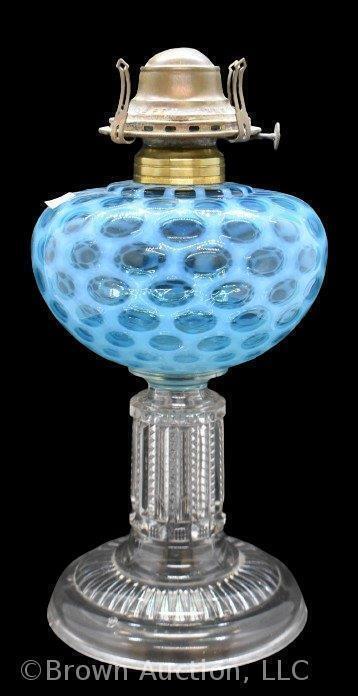 Blue opalescent Coin Spot oil lamp with clear column stem, 9.5" tall