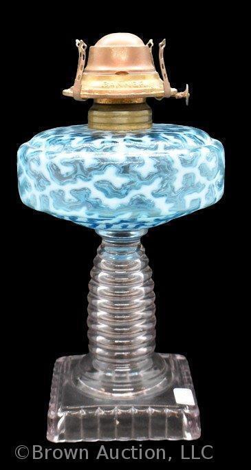 Blue opalescent Coral Reef oil lamp with clear ringed stem/ square base,