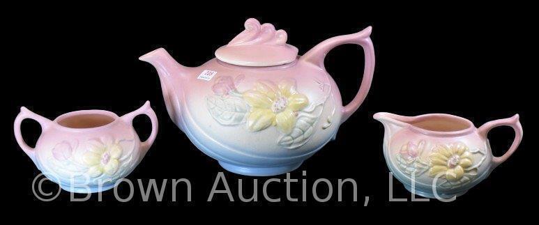 Hull Magnolia matte 3 pc. tea set: 23-6.5" pot, 24-3.75" creamer, 25-3.75" sugar, pink/ blue