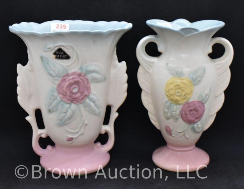 (2) Hull Open Rose pink and blue vases: 138-6.25" and 121-6.25"