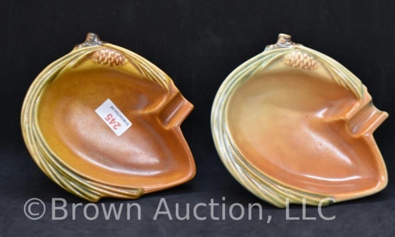 (2) Roseville Pine Cone 499 ash trays, brown and blue