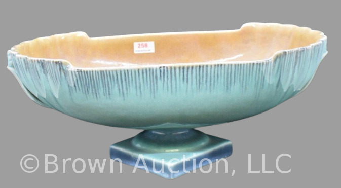 Roseville Orian 12"l x 5"h pedestal base console bowl, tan/ turquoise