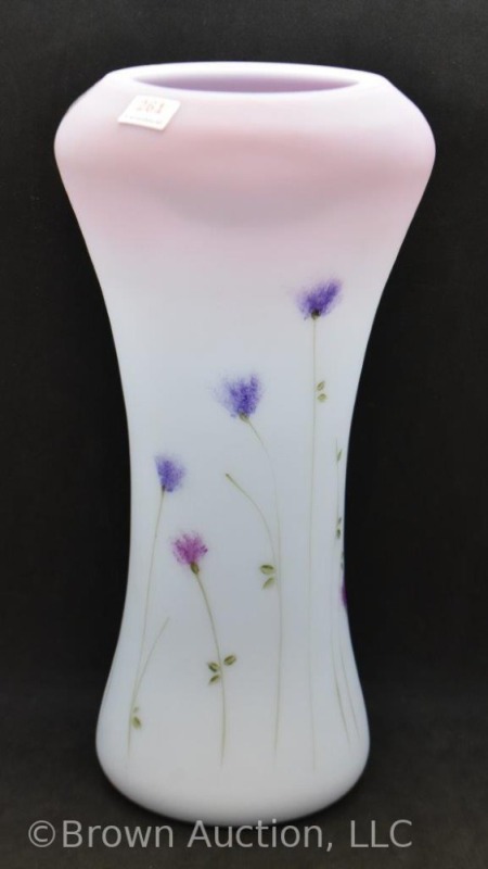 Fenton Art Glass lt. blue to pink 11.5" vase w/scattered single flowers