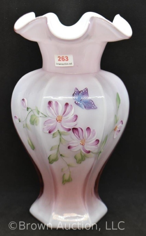 Fenton Art Glass Lavender Lady on violet 6-sided 9.25" vase with HP flowers and butterfly