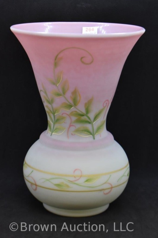 Fenton Art Glass pink and green Burmese 9" vase, matte finish