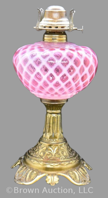 Fenton cranberry opalescent diamond pattern 11" kerosene lamp w/ gold metal ornate base