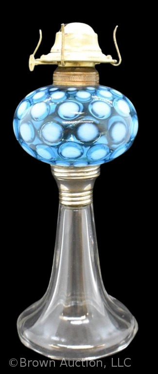 Fenton blue opalescent Coin Dot 11" kerosene lamp w/ clear trumpet-shaped base