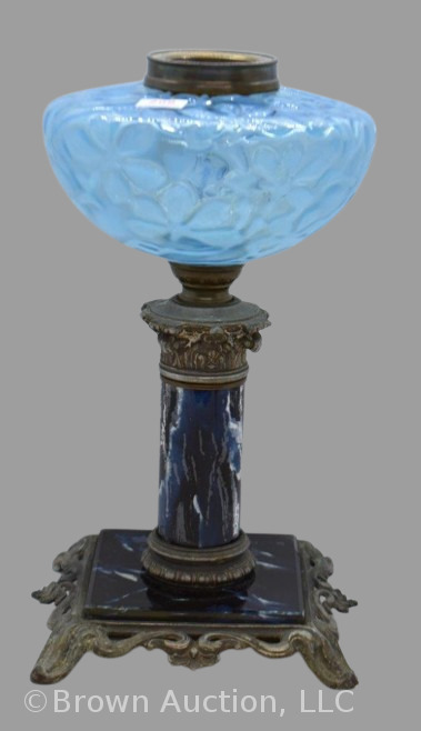 Blue opalescent 10.5"h kerosene peg lamp w/ cobalt slag glass column and base on ftd. metal base