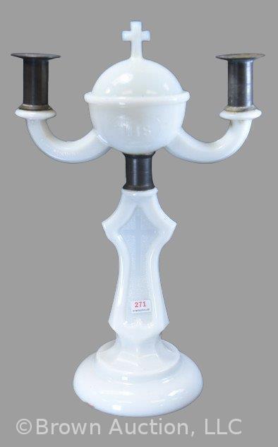 Milk Glass IHS holy water font/ dbl. candleholder,