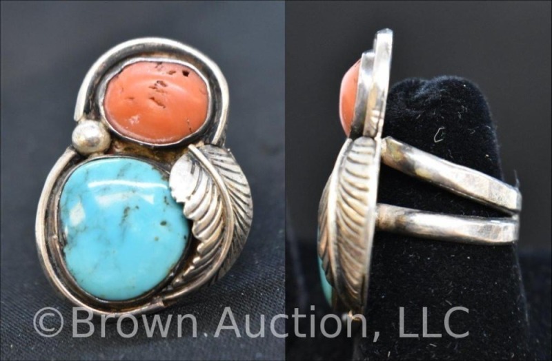 Native American ring with turquoise and coral stone, leaf design