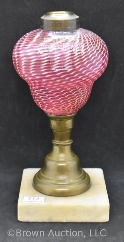 Cranberry opalescent Art Glass broken swirl/ threaded 8" oil lamp on marble base