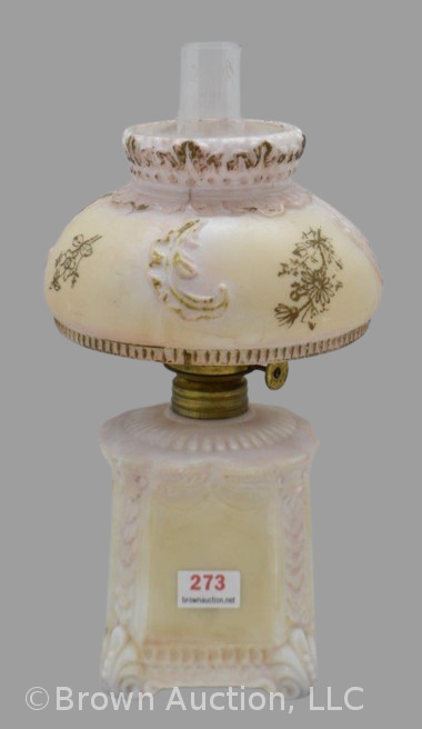 Pink milk glass miniature oil lamp with embossed design