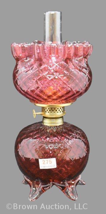 Cranberry miniature oil lamp in clear ftd. Diamond Optic pattern